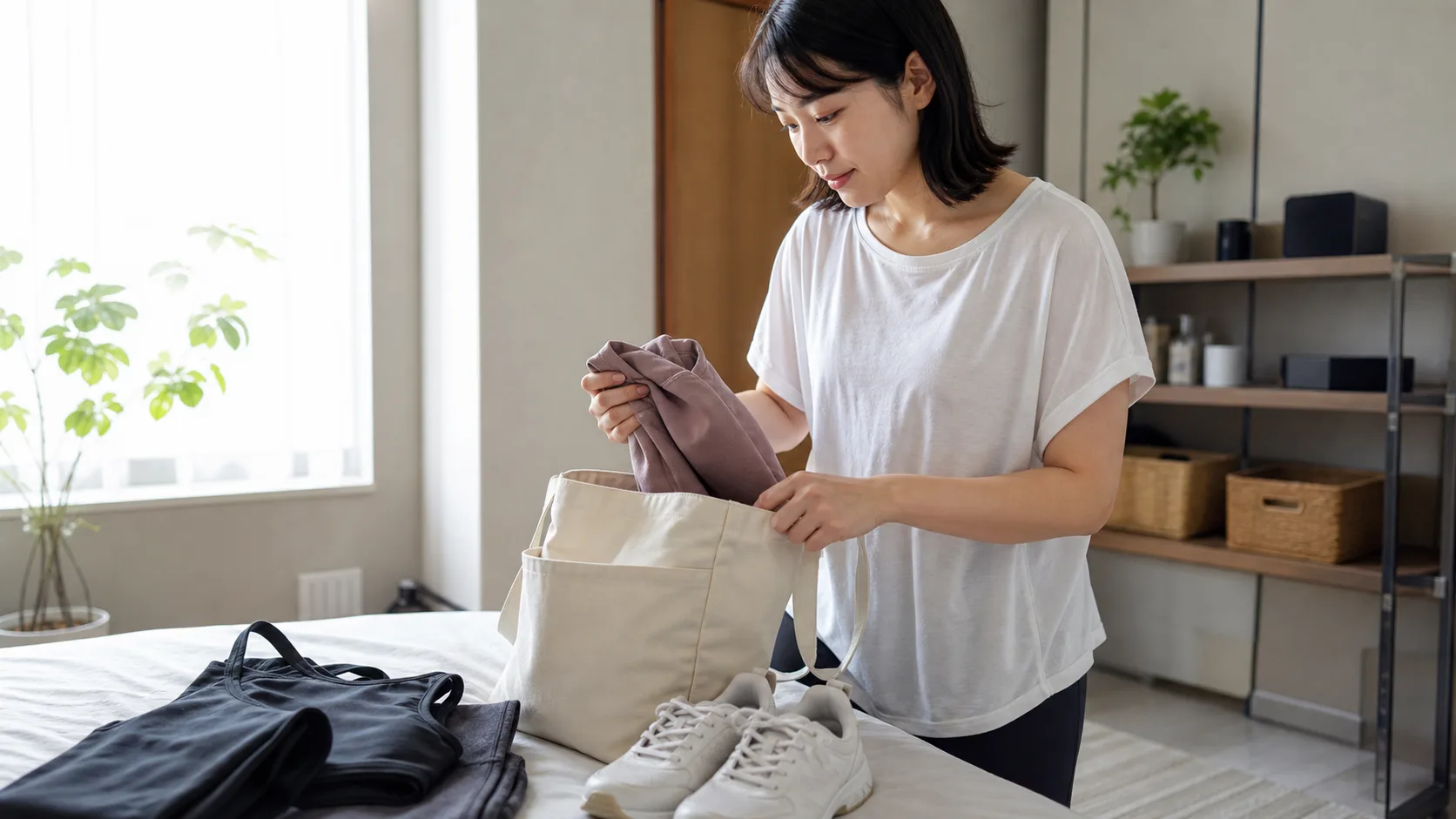 ウェアとシューズをバッグに入れて、支度をしているところ
