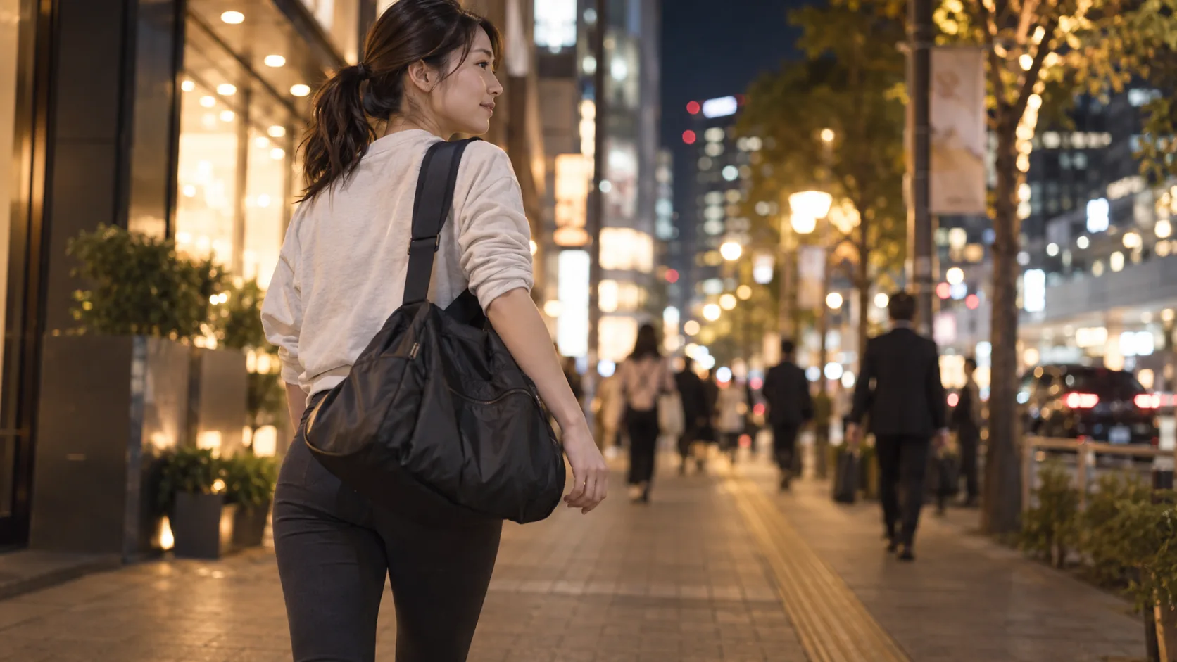 仕事帰りの夜、駅前の通りをジムのバッグを持って歩いているところ
