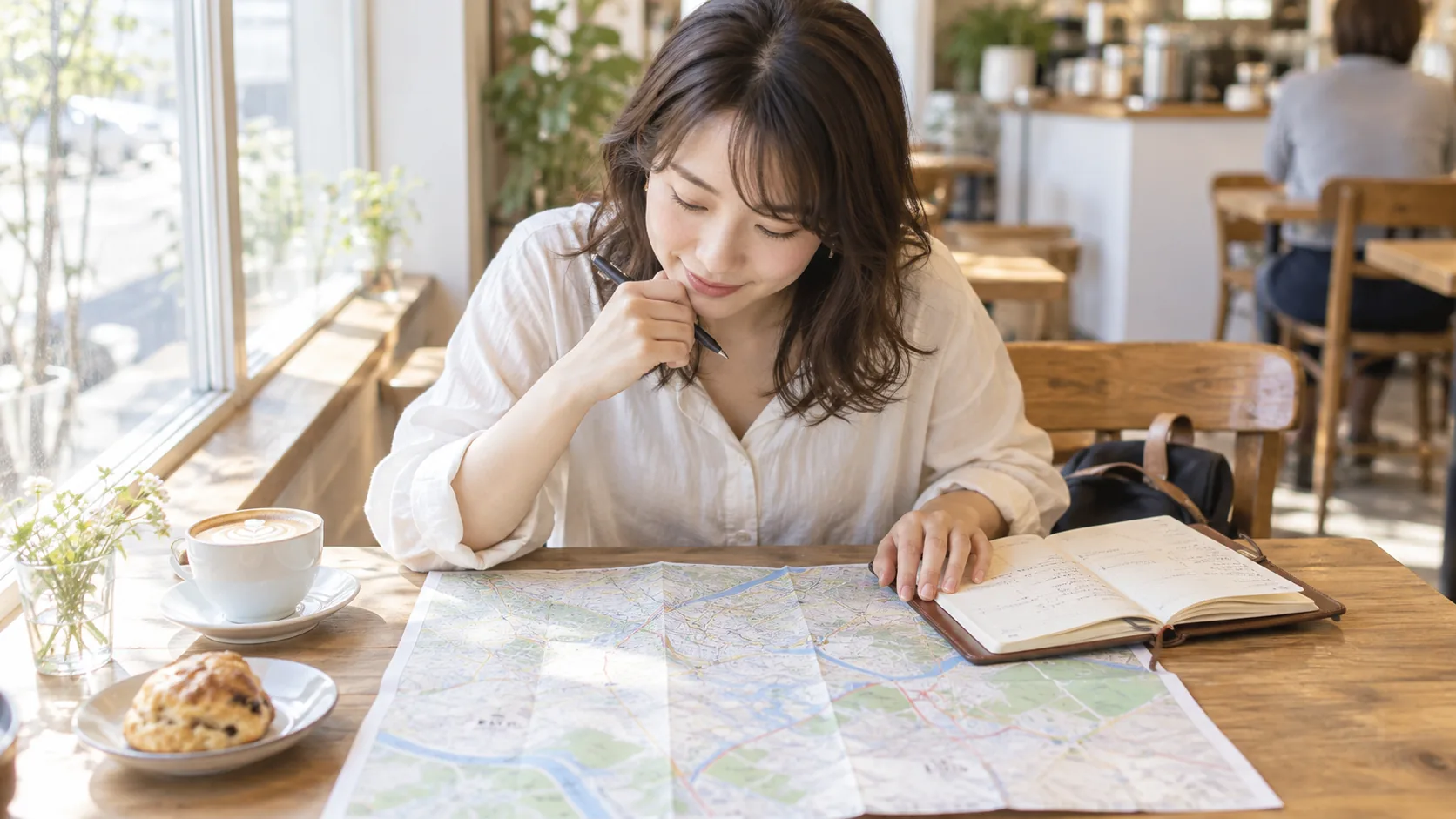 昼下がりのカフェで、地図を見ながら通うジムを考えているところ