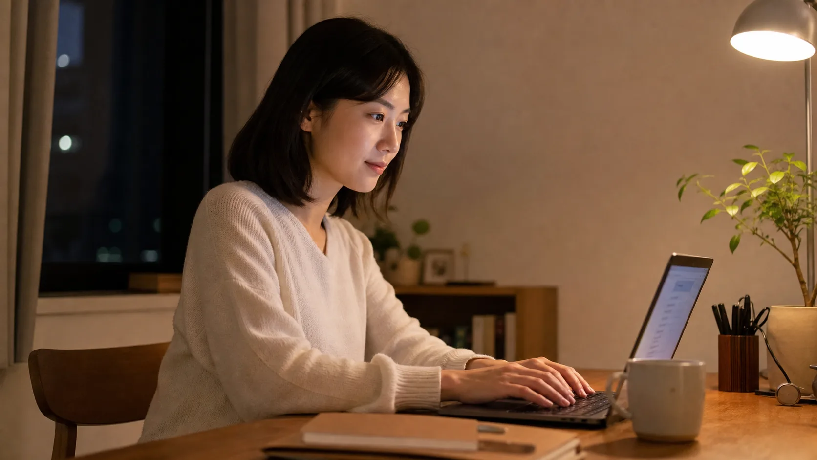 自宅の机で、解約の連絡をメールで書いているところ