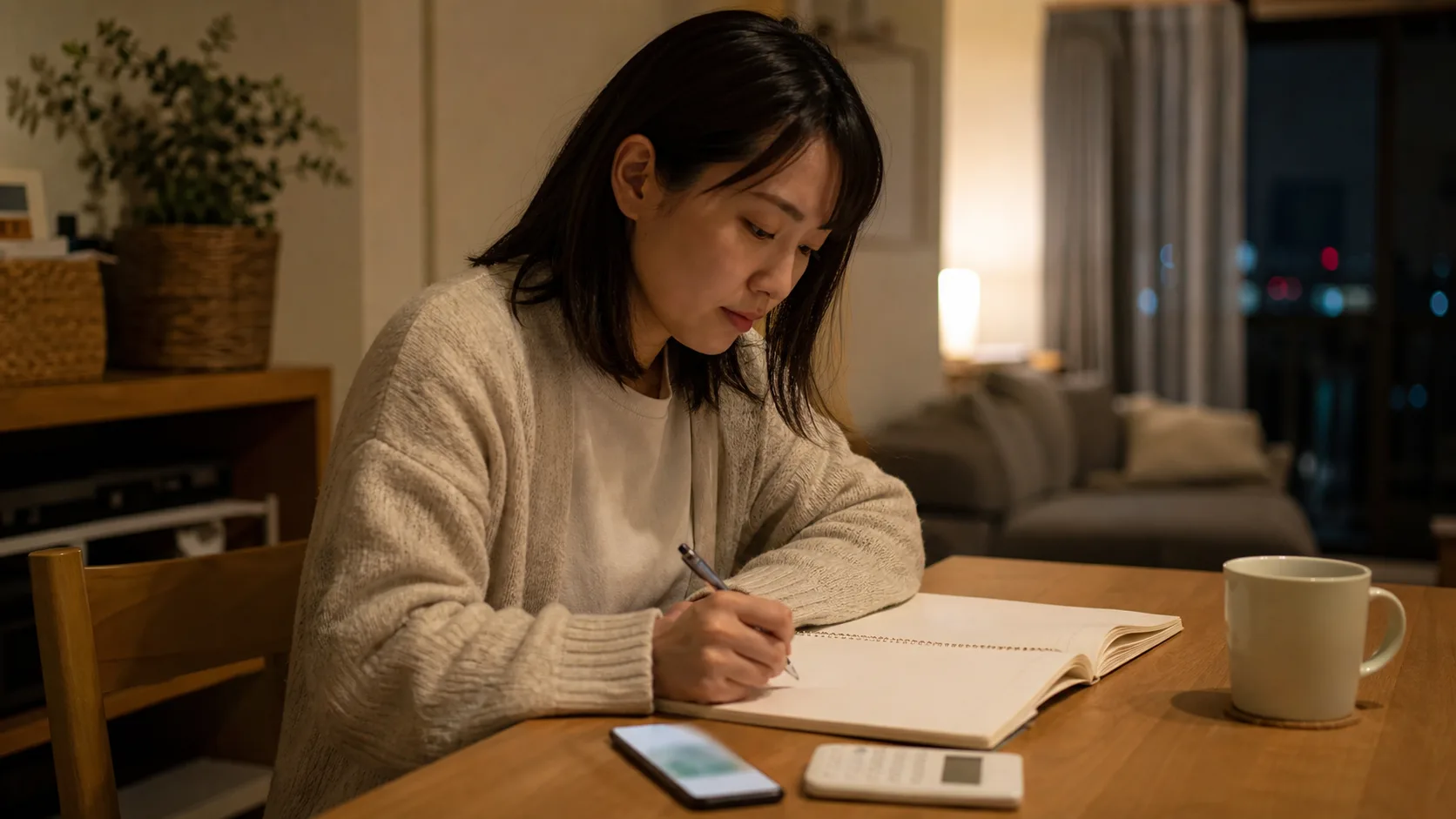 夜のダイニングで、ジムの料金をノートに書き出しているところ