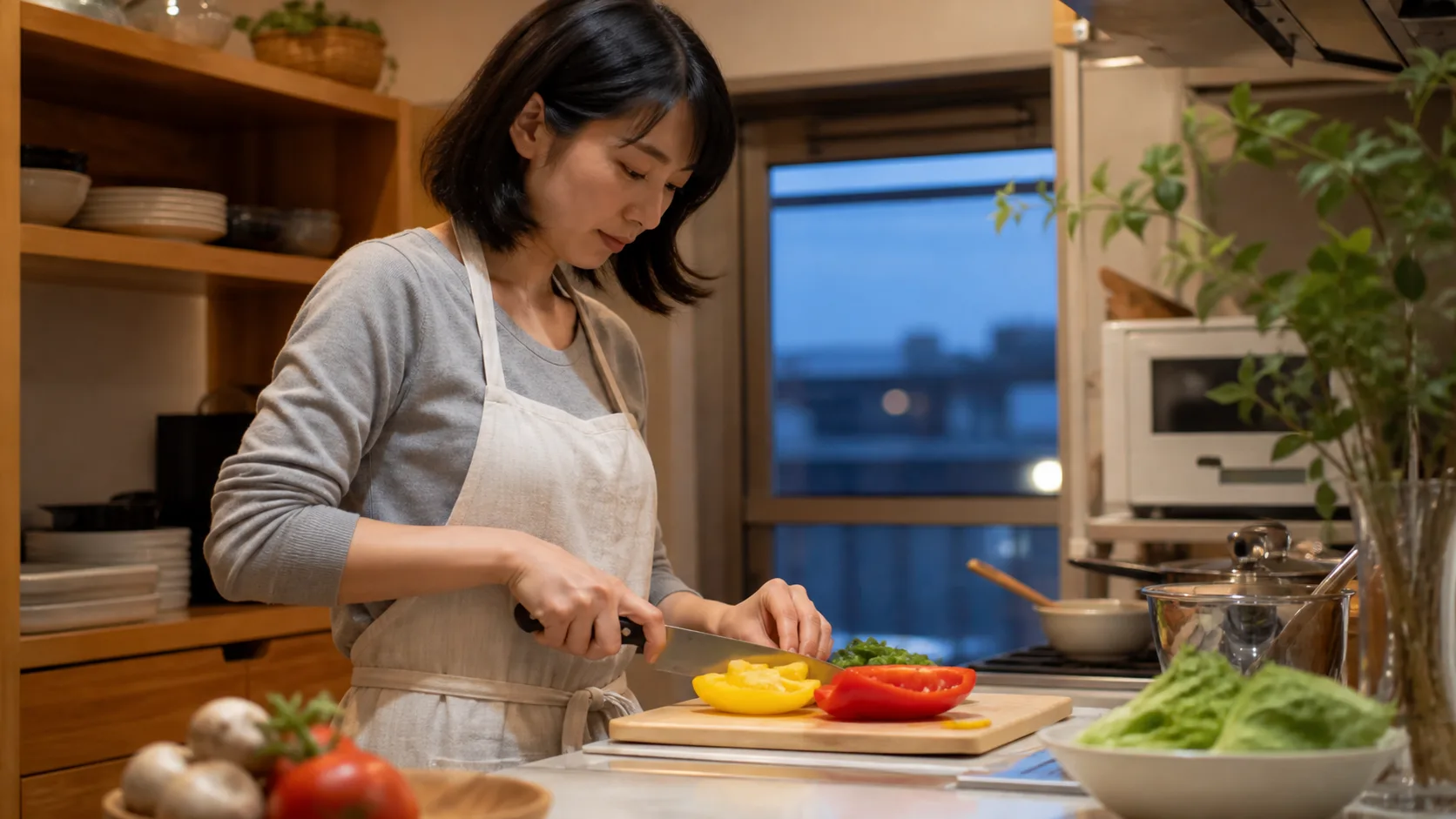 夕ごはんの支度をしながら、献立を考えているところ