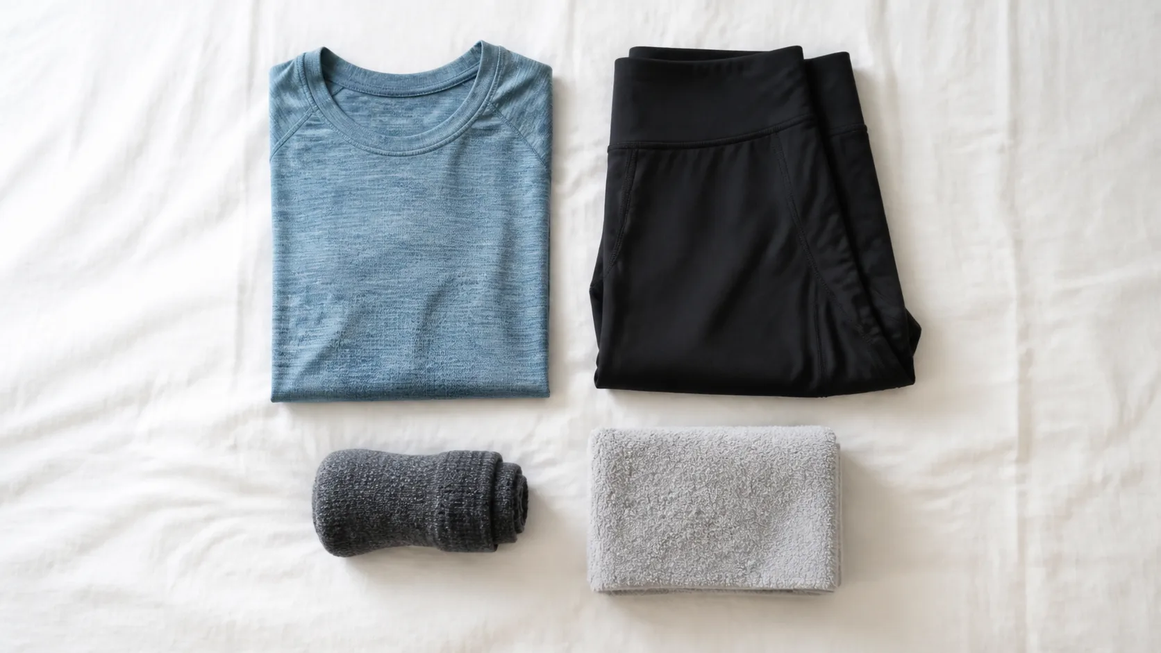 ベッドの上にTシャツとレギンスを並べて、明日の支度をしているところ