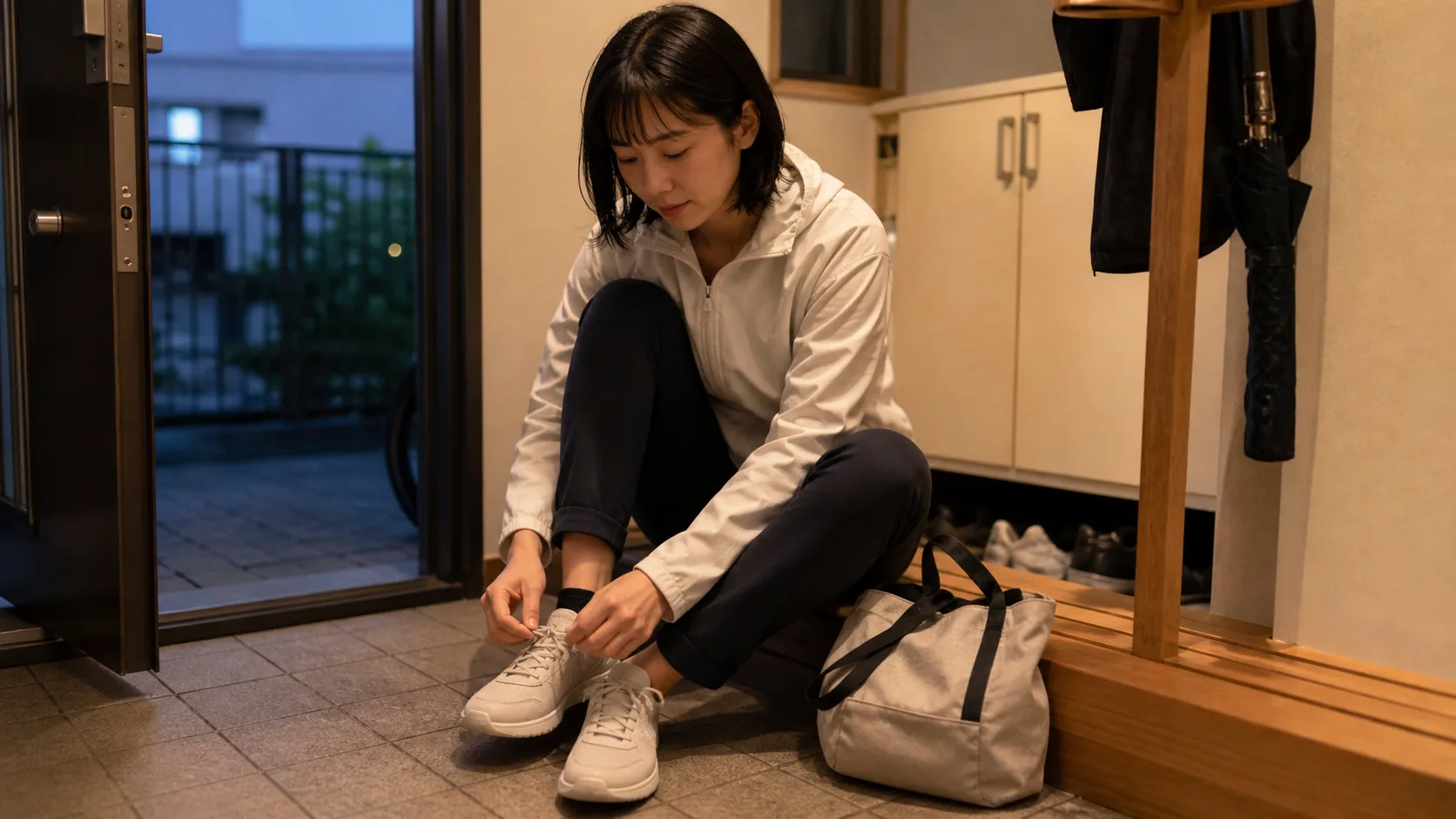 思い立った夕方に、身支度をしてジムへ出かけるところ