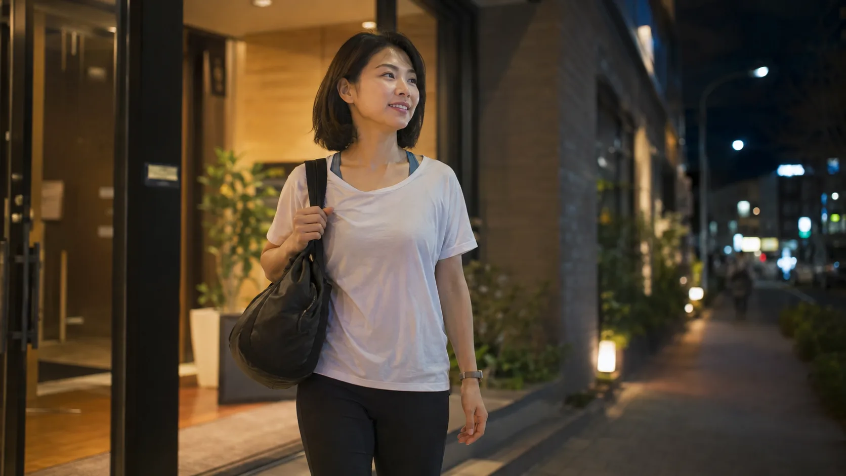 運動を終えて、すっきりした表情でジムから出てきたところ