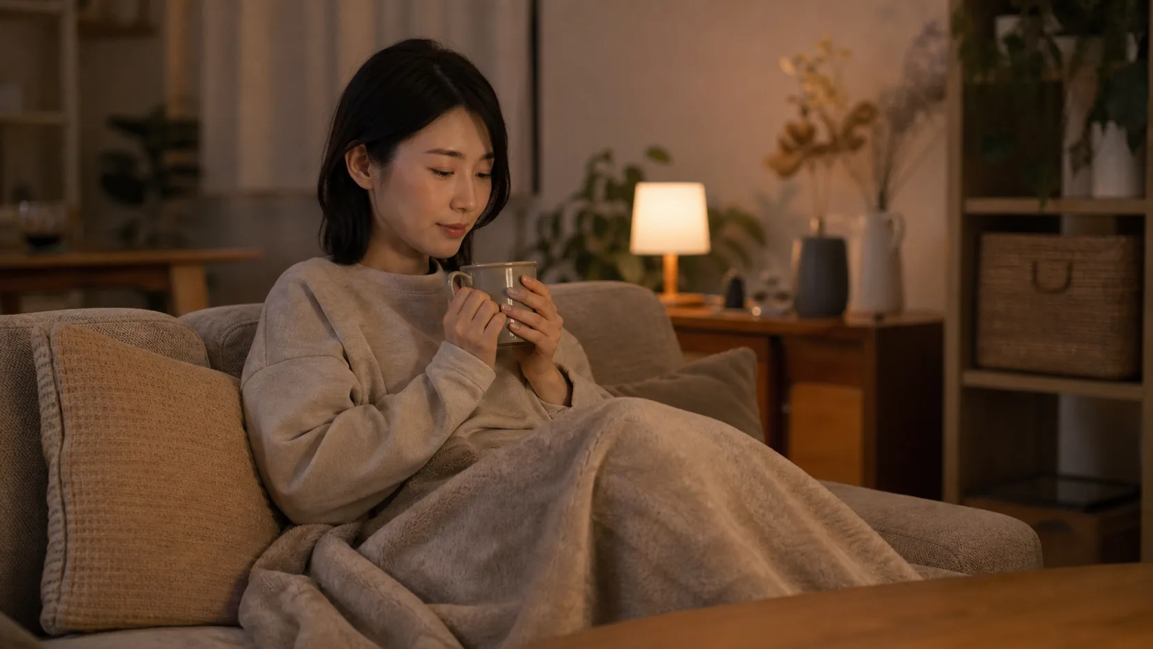 ソファで温かい飲みものを持って、ゆっくり休んでいるところ