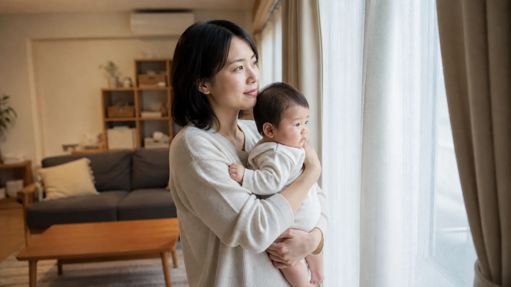 窓辺で赤ちゃんを抱っこして、穏やかに過ごしているところ
