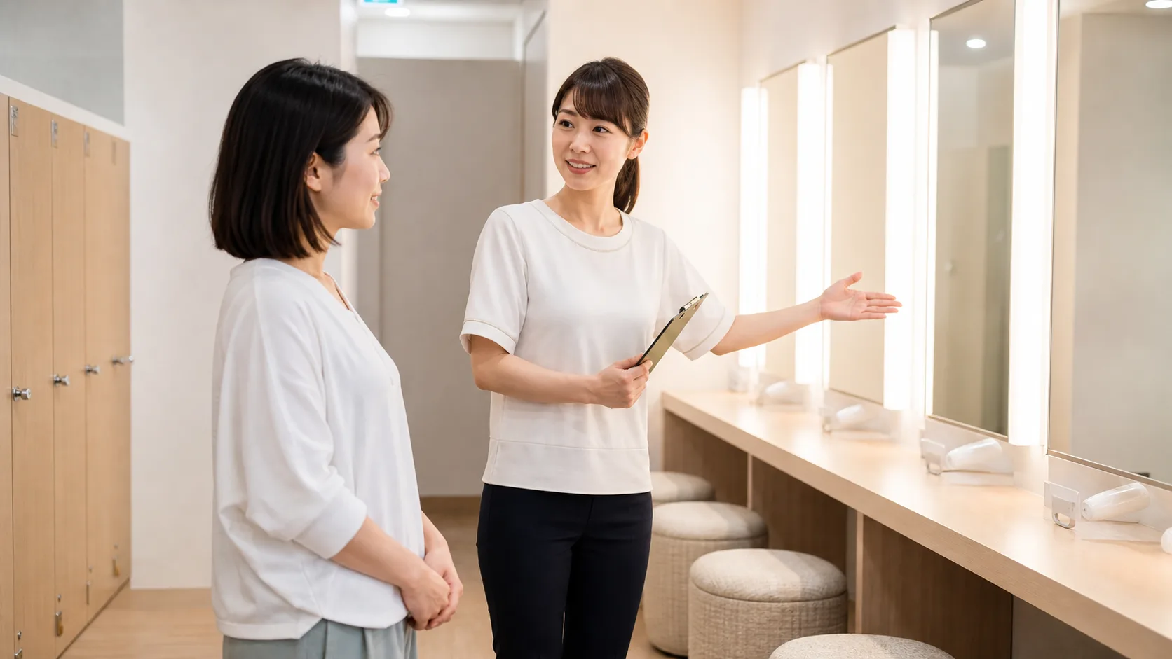 見学で、更衣室とパウダースペースを案内してもらっているところ