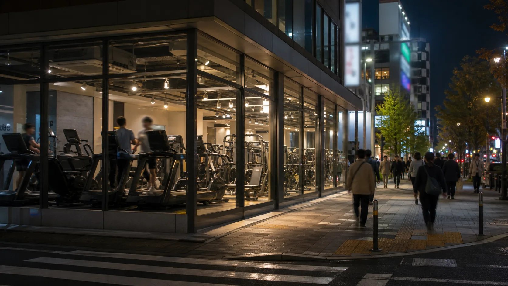 夜、明かりのついた24時間ジムを外から見たところ