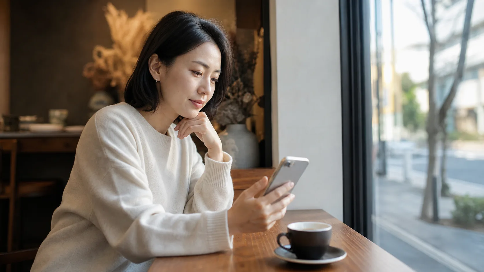 帰り道のカフェで、スマホを見ながら考えているところ