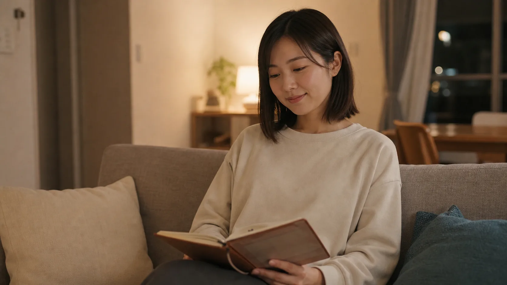 夜のリビングで、週1回だけ印をつけた手帳を眺めているところ