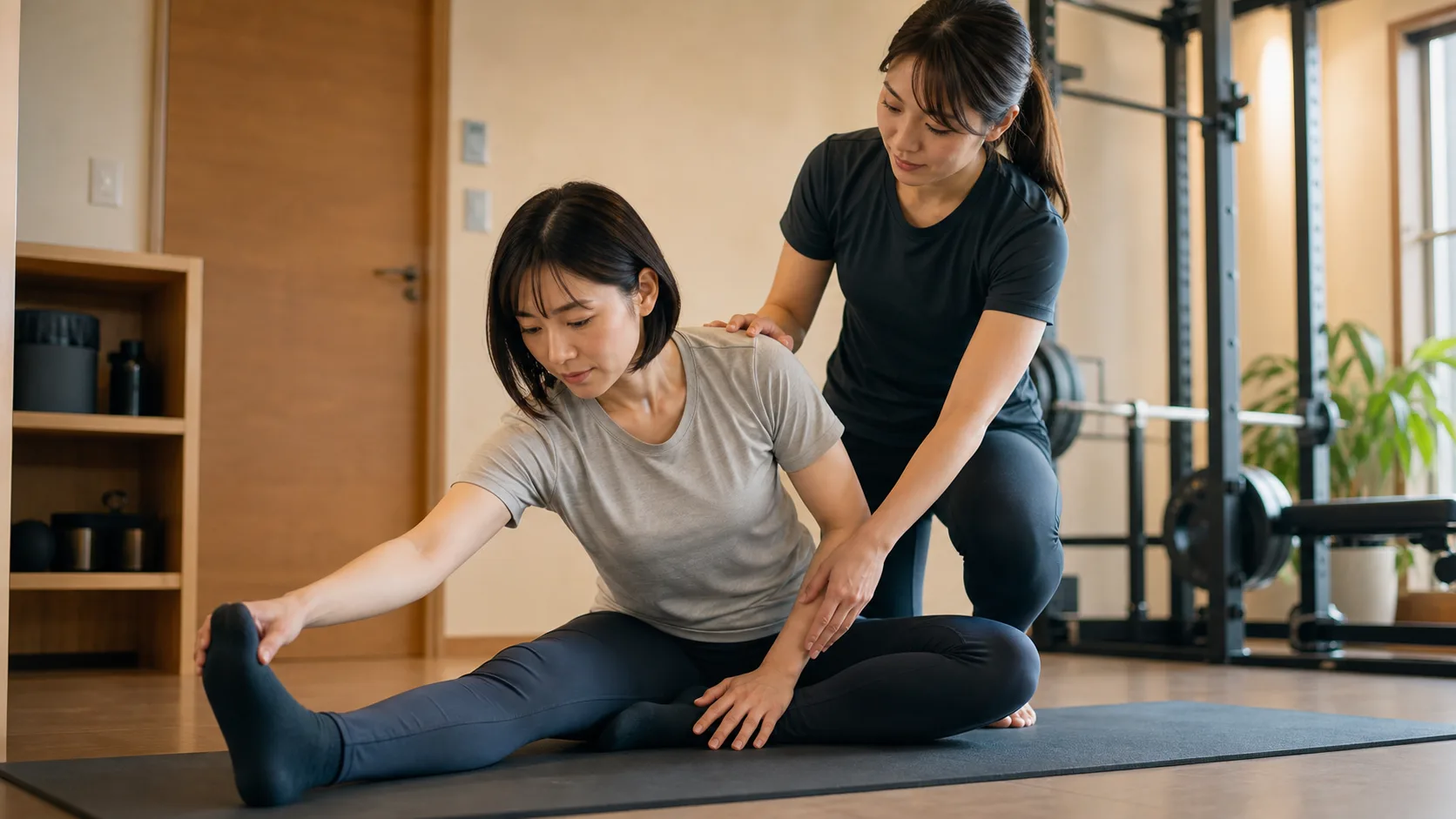 個室のパーソナルジムで、トレーナーとストレッチをしているところ